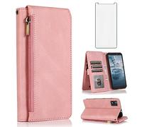 Asuwish Compatible with Nokia C2 2nd Edition (5.7 Inch) Wallet Case Tempered Glass Screen Protector and Zipper Retro Leather Flip Cover Card Holder Stand Cell Accessories for TA-1468 Women Rose Gold