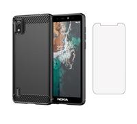Asuwish Compatible with Nokia C2 2nd Edition Case and Tempered Glass Screen Protector with Shockproof Slim Silicone Wireless Charging Carbon Fiber Phone Cover for NokiaC2 2nd Edition Women Men Black