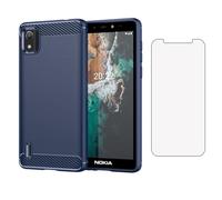 Asuwish Compatible with Nokia C2 2nd Edition Case and Tempered Glass Screen Protector with Shockproof Slim Silicone Wireless Charging Carbon Fiber Phone Cover for NokiaC2 2nd Edition Women Men Blue