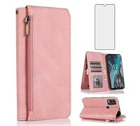 Asuwish Compatible with Nokia C22 Wallet Case Tempered Glass Screen Protector and Zipper Retro Leather Flip Cover Card Holder Stand Cell Accessories for NokiaC22 2023 Women Rose Gold