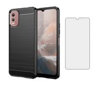 Asuwish Compatible with Nokia C32 Case and Tempered Glass Screen Protector with Shockproof Slim Silicone Wireless Charging Carbon Fiber Phone Cover for NokiaC32 C 32 Women Men Black