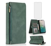 Asuwish Compatible with Nokia C32 / Nokia C32 4G 6.5" Wallet Case Tempered Glass Screen Protector and Zipper Retro Leather Flip Cover Card Holder Stand Cell Accessories for NokiaC32 Women Men Green