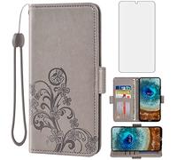Asuwish Compatible with Nokia X10/X20 Wallet Case and Tempered Glass Screen Protector Flip Purse Accessories Wrist Strap Credit Card Holder Cell Phone Cover for NokiaX10 10X NokiaX20 5G Women Men Grey