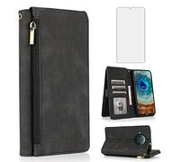 Asuwish Compatible with Nokia X10/X20 Wallet Case Tempered Glass Screen Protector Zipper Leather Flip Cover Card Holder Stand Cell Accessories Phone Cases for NokiaX10 10X NokiaX20 5G Women Men Black