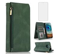 Asuwish Compatible with Nokia X10/X20 Wallet Case Tempered Glass Screen Protector Zipper Leather Flip Cover Card Holder Stand Cell Accessories Phone Cases for NokiaX10 10X NokiaX20 5G Women Men Green