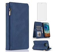 Asuwish Compatible with Nokia X10/X20 Wallet Case Tempered Glass Screen Protector Zipper Leather Flip Cover Card Holder Stand Cell Accessories Phone Cases for NokiaX10 10X NokiaX20 5G Women Men Blue