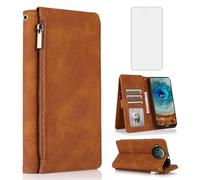 Asuwish Compatible with Nokia X10/X20 Wallet Case Tempered Glass Screen Protector Zipper Leather Flip Cover Card Holder Stand Cell Accessories Phone Cases for NokiaX10 10X NokiaX20 5G Women Men Brown