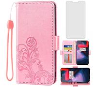 Asuwish Compatible with OnePlus 6 Wallet Case and Tempered Glass Screen Protector Flip Wrist Strap Credit Card Holder Cell Phone Cover for OnePlus6 A6000 One Plus6 1 Plus 1plus Six One+ 1+ 6 Rose Gold