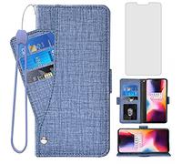 Asuwish Compatible with OnePlus 6 Wallet Case Tempered Glass Screen Protector and Flip Cover Card Holder Stand Cell Phone Cases for OnePlus6 A6000 One Plus6 1 Plus 1plus Six One+ 1+ 6 Women Men Blue