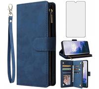 Asuwish Compatible with OnePlus 7T Wallet Case Tempered Glass Screen Protector and Leather Flip Cover Card Holder Cell Phone Cases for OnePlus7t 5G One Plus7T 1 Plus T7 1plus + 1+ 1+7T Women Men Blue