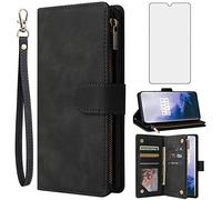 Asuwish Compatible with OnePlus 7T Wallet Case Tempered Glass Screen Protector and Leather Flip Cover Card Holder Cell Phone Cases for OnePlus7t 5G One Plus7T 1 Plus T7 1plus + 1+ 1+7T Women Men Black
