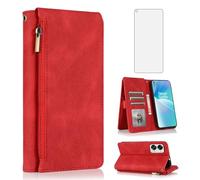 Asuwish Compatible with OnePlus Nord 2T 5G Wallet Case Screen Protector and Zipper Retro Leather Flip Cover Card Holder Stand Cell Accessories for One Plus On 1 Plus 1plus One+ 1+ Nord2T T2 Red