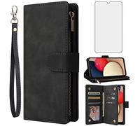 Asuwish Compatible with Samsung Galaxy A02S Wallet Case and Tempered Glass Screen Protector Leather Flip Cover Card Holder Stand Cell Accessories Rugged Phone Cases for Glaxay A 02s Gaxaly Women Black