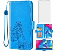 Asuwish Compatible with Samsung Galaxy A10 M10 Wallet Case and Tempered Glass Screen Protector Flip Wrist Strap Credit Card Holder Stand Cell Phone Cover for Glaxay A 10 Gaxaly 10A A105M 6.2 inch Blue