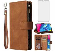 Asuwish Compatible with Samsung Galaxy A10 M10 Wallet Case Tempered Glass Screen Protector and Leather Flip Cover Card Holder Cell Phone Cases for Glaxay A 10 Gaxaly 10A A105M 6.2 inch Women Men Brown