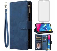 Asuwish Compatible with Samsung Galaxy A10 M10 Wallet Case Tempered Glass Screen Protector and Leather Flip Cover Card Holder Cell Phone Cases for Glaxay A 10 Gaxaly 10A A105M 6.2 inch Women Men Blue