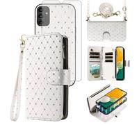 Asuwish Compatible with Samsung Galaxy A13 5G Wallet Case Zipper Cell and Screen Protector Crossbody Strap Glitter Flip Card Holder Phone Cover for A04S M13 G5 A 13 2022 13A A135G SM A136U Women White