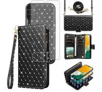 Asuwish Compatible with Samsung Galaxy A13 5G Wallet Case Zipper Cell and Screen Protector Crossbody Strap Glitter Flip Card Holder Phone Cover for A04S M13 G5 A 13 2022 13A A135G SM A136U Women Black