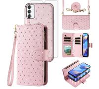 Asuwish Compatible with Samsung Galaxy A16 5G/4G Wallet Case Zipper Cell and Tempered Glass Screen Protector Crossbody Strap Glitter Flip Card Holder Phone Cover for A 16 16A SM-A166U Women Rose Gold