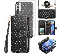 Asuwish Compatible with Samsung Galaxy A16 5G/4G Wallet Case Zipper Cell and Tempered Glass Screen Protector Crossbody Strap Glitter Flip Card Holder Phone Cover for A 16 16A SM-A166U Women Black
