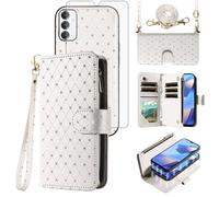 Asuwish Compatible with Samsung Galaxy A16 5G/4G Wallet Case Zipper Cell and Tempered Glass Screen Protector Crossbody Strap Glitter Flip Card Holder Phone Cover for A 16 16A SM-A166U Women White