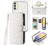 Asuwish Compatible with Samsung Galaxy A25 5G Wallet Case Zipper Cell and Tempered Glass Screen Protector Crossbody Strap Glitter Flip Card Holder Phone Cover for A 25 25A SM-A256U Women Girls White