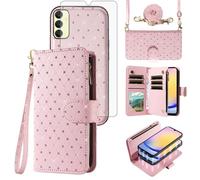 Asuwish Compatible with Samsung Galaxy A25 5G Wallet Case Zipper Cell and Tempered Glass Screen Protector Crossbody Strap Glitter Flip Card Holder Phone Cover for A 25 25A SM-A256U Women Rose Gold