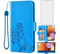 Asuwish Compatible with Samsung Galaxy A32 4G 6.4 inch Wallet Case and Tempered Glass Screen Protector Flip Wrist Strap Credit Card Holder Cell Phone Cover for Glaxay A 32 32A S32 G4 SM-A325M/DS Blue