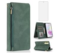 Asuwish Compatible with Samsung Galaxy A35 5G Wallet Case Tempered Glass Screen Protector and Zipper Retro Leather Flip Cover Card Holder Stand Cell Accessories for A 35 35A A355G SM-A356U Green