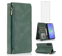 Asuwish Compatible with Samsung Galaxy A36 5G Wallet Case Tempered Glass Screen Protector and Zipper Retro Leather Flip Cover Card Holder Stand Cell Accessories for A 36 36A LTE SM-A366U Green