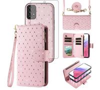 Asuwish Compatible with Samsung Galaxy A53 5G Wallet Case Zipper Cell and Screen Protector Crossbody Strap Glitter Flip Card Holder Phone Cover for A 53 G5 53A SM A536U 6.5" 2022 Women Rose Gold