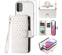 Asuwish Compatible with Samsung Galaxy A53 5G Wallet Case Zipper Cell and Screen Protector Crossbody Lanyard Strap Glitter Flip Card Holder Phone Cover for A 53 G5 53A SM A536U 6.5" 2022 Women White