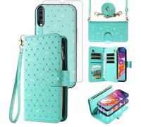 Asuwish Compatible with Samsung Galaxy A70 Wallet Case Zipper Cell and Tempered Glass Screen Protector Crossbody Lanyard Strap Glitter Flip Card Holder Phone Cover for A70S A 70 70A S70 Women Green