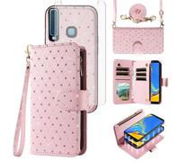 Asuwish Compatible with Samsung Galaxy A9 2018 Wallet Case Zipper Cell and Screen Protector Crossbody Lanyard Strap Glitter Flip Card Holder Phone Cover for 9A Star Pro A9S A920 A920F Women Rose Gold
