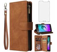 Asuwish Compatible with Samsung Galaxy J3 2016/J 3 V/J36V/Sky/Amp Prime Wallet Case and Tempered Glass Screen Protector Flip Cover Card Holder Phone Cases for Glaxay Sol J3V JV3 J36 J320V J320A Brown