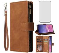 Asuwish Compatible with Samsung Galaxy S10 5G Wallet Case Tempered Glass Screen Protector and Leather Flip Cover Card Holder Stand Cell Accessories Phone Cases for Glaxay S105G Galaxies S 10 G5 Brown