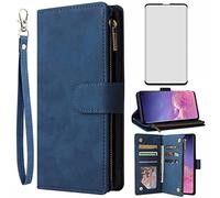 Asuwish Compatible with Samsung Galaxy S10 Wallet Case Tempered Glass Screen Protector and Flip Cover Card Holder Cell Accessories Phone Cases for Glaxay S 10 Edge Gaxaly 10S GS10 X10 Women Men Blue