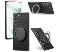 Asuwish Compatible with Samsung Galaxy S22 5G Phone Case and Tempered Glass Screen Protector With Ring Holder Stand Kickstand Silicone Slim Shockproof S 22 22S 4G G5 6.1 inch Cover for Women Men Black
