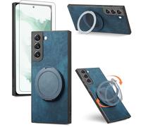 Asuwish Compatible with Samsung Galaxy S22 5G Phone Case and Tempered Glass Screen Protector With Ring Holder Stand Kickstand Silicone Slim Shockproof S 22 22S 4G G5 6.1 inch Cover for Women Men Blue