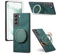 Asuwish Compatible with Samsung Galaxy S22 5G Phone Case and Tempered Glass Screen Protector With Ring Holder Stand Kickstand Silicone Slim Shockproof S 22 22S 4G G5 6.1 inch Cover for Women Men Green