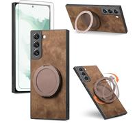 Asuwish Compatible with Samsung Galaxy S22 5G Phone Case and Tempered Glass Screen Protector With Ring Holder Stand Kickstand Silicone Slim Shockproof S 22 22S 4G G5 6.1 inch Cover for Women Men Brown