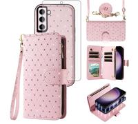 Asuwish Compatible with Samsung Galaxy S23 5G Wallet Case Zipper Cell and Screen Protector Crossbody Strap Glitter Flip Card Holder Phone Cover for S 23 23S GS23 G5 SM-S911U 6.1 inch Women Rose Gold