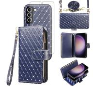 Asuwish Compatible with Samsung Galaxy S23 5G Wallet Case Zipper Cell and Screen Protector Crossbody Strap Glitter Flip Card Holder Phone Cover for S 23 23S GS23 G5 SM-S911U 6.1 inch Women Dark Blue