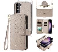 Asuwish Compatible with Samsung Galaxy S23 5G Wallet Case Zipper Cell and Screen Protector Crossbody Strap Glitter Flip Card Holder Phone Cover for S 23 23S GS23 G5 SM-S911U 6.1 inch Women Grey