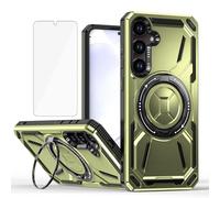 Asuwish Compatible with Samsung Galaxy S23 FE 5G Phone Case and Tempered Glass Screen Protector Metal Ring Holder Stand Kickstand Shockproof S 23 EF S23FE 23S Cover for Women Men Oliver Green