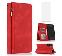 Asuwish Compatible with Samsung Galaxy S25 FE 5G Wallet Case Screen Protector Zipper Retro Leather Flip Cover Card Holder Stand Cell Accessories for S 25 EF S25FE SM-S731U S731B Women Men Red