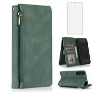 Asuwish Compatible with Samsung Galaxy S25 FE 5G Wallet Case Screen Protector Zipper Retro Leather Flip Cover Card Holder Stand Cell Accessories for S 25 EF S25FE SM-S731U S731B Women Men Green