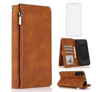 Asuwish Compatible with Samsung Galaxy S25 FE 5G Wallet Case Screen Protector Zipper Retro Leather Flip Cover Card Holder Stand Cell Accessories for S 25 EF S25FE SM-S731U S731B Women Men Brown