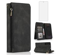 Asuwish Compatible with Samsung Galaxy S25 FE 5G Wallet Case Screen Protector Zipper Retro Leather Flip Cover Card Holder Stand Cell Accessories for S 25 EF S25FE SM-S731U S731B Women Men Black
