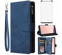Asuwish Compatible with Samsung Galaxy S8 Plus Wallet Case Tempered Glass Screen Protector and Flip Cover Card Holder Cell Phone Cases for Glaxay S8plus S 8 8plus 8S Edge S8+ SM-G955U Women Men Blue